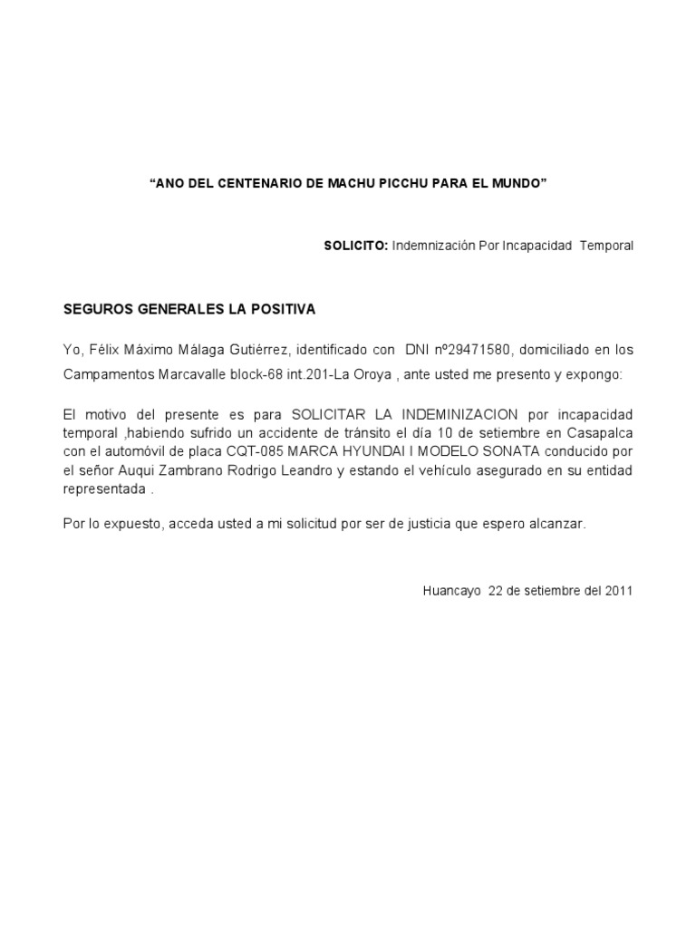 SOLICITUD de Indemnizacion Por ad Temporal