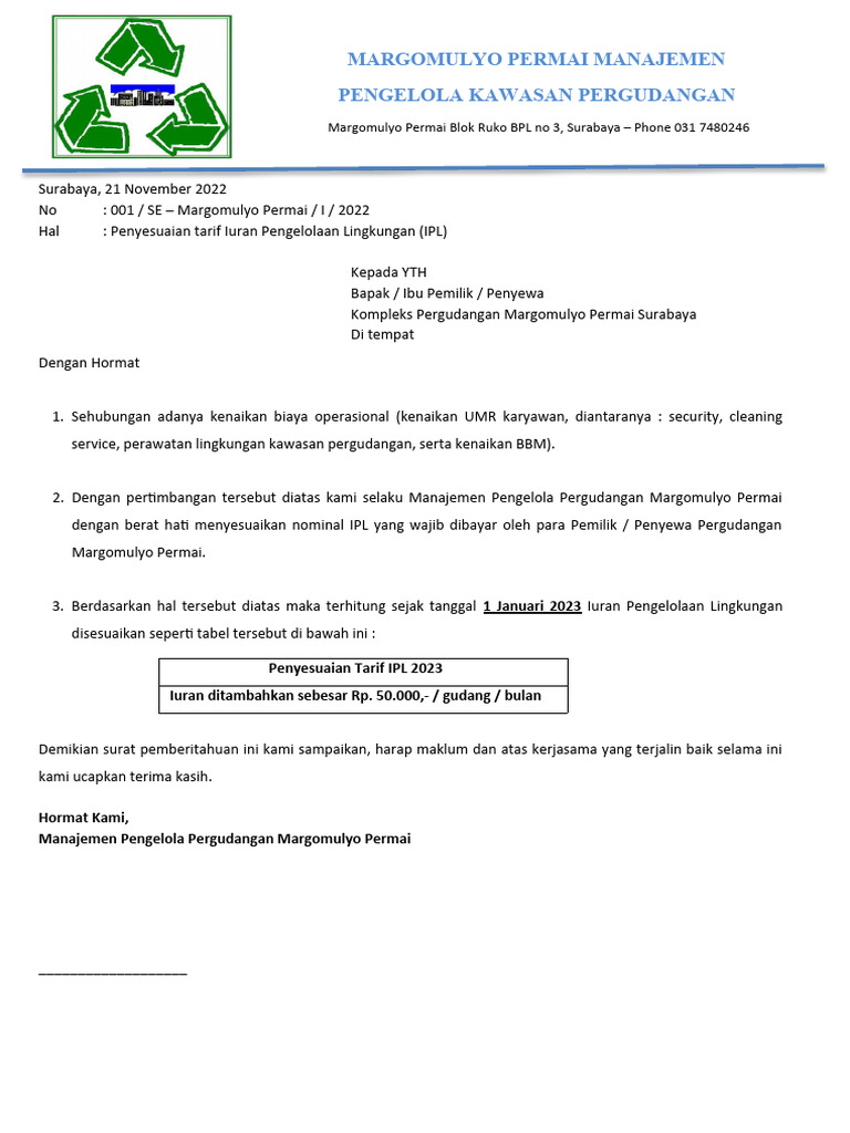 Penyesuaian Tarif Iuran IPL 2023 | PDF | Bisnis