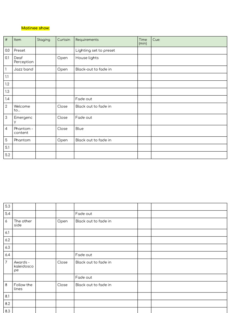 Matinee Cue Sheet LX | PDF