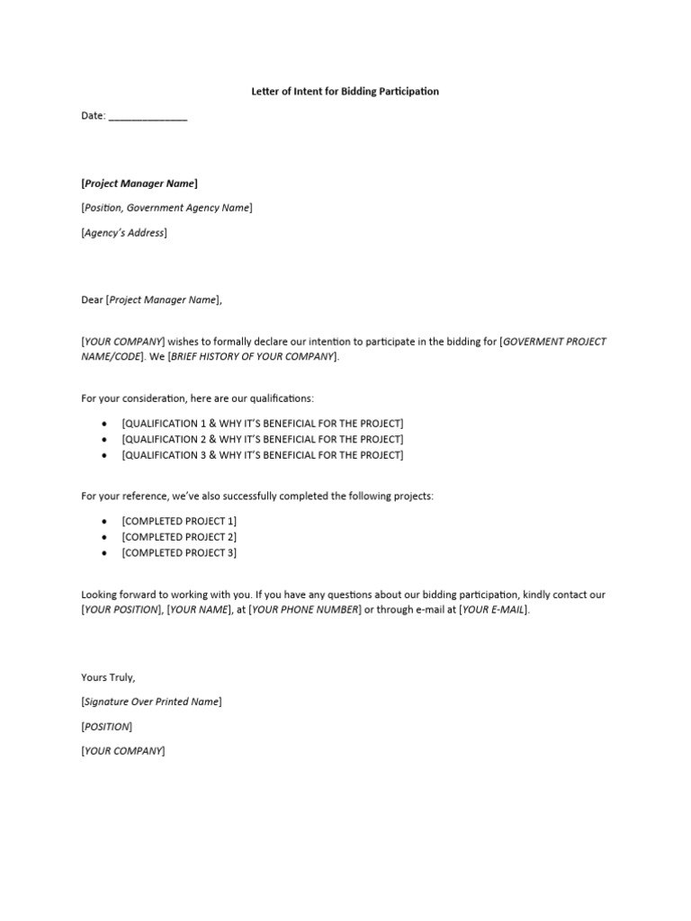 Letter of Intent for Bidding Participation | PDF