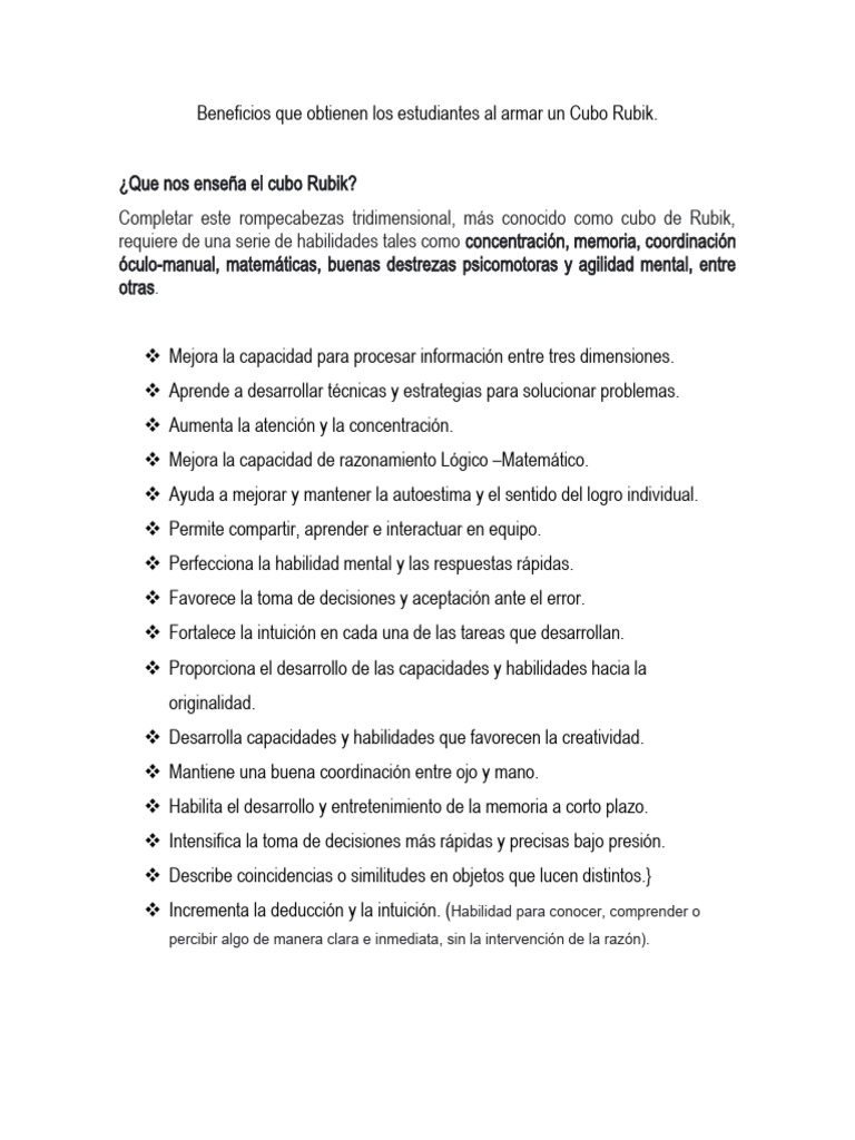 Beneficios del jugar cubo rubik pdf