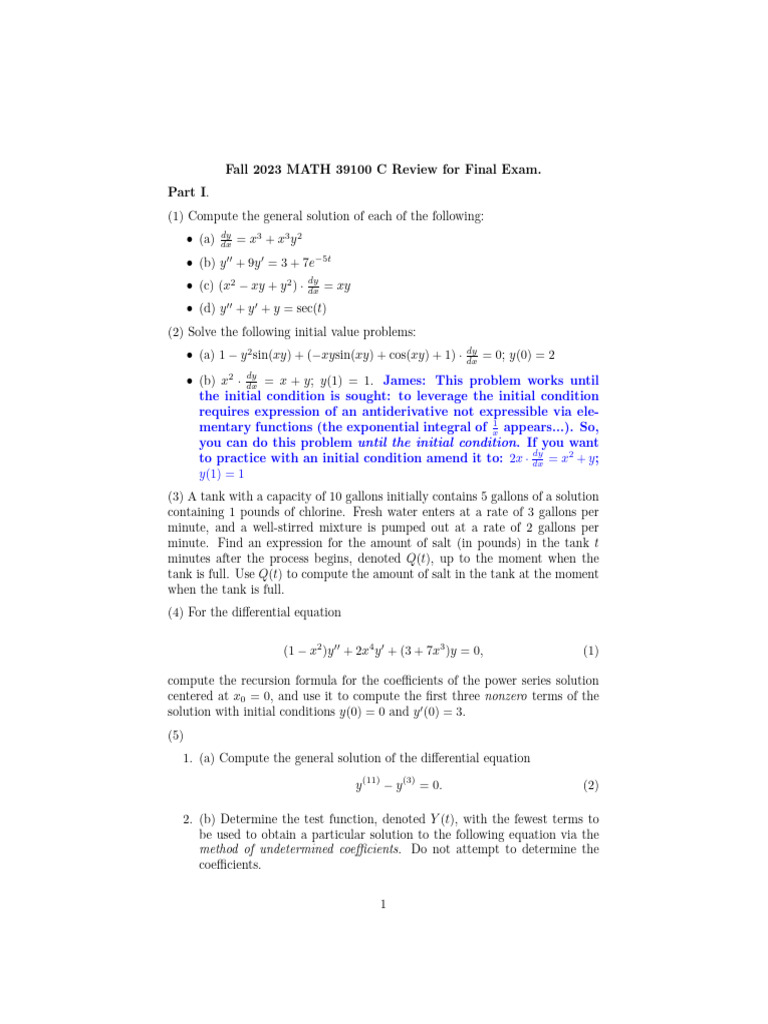 Fall 2023 MATH 39100 Final Exam Review | PDF | Equations | Differential ...