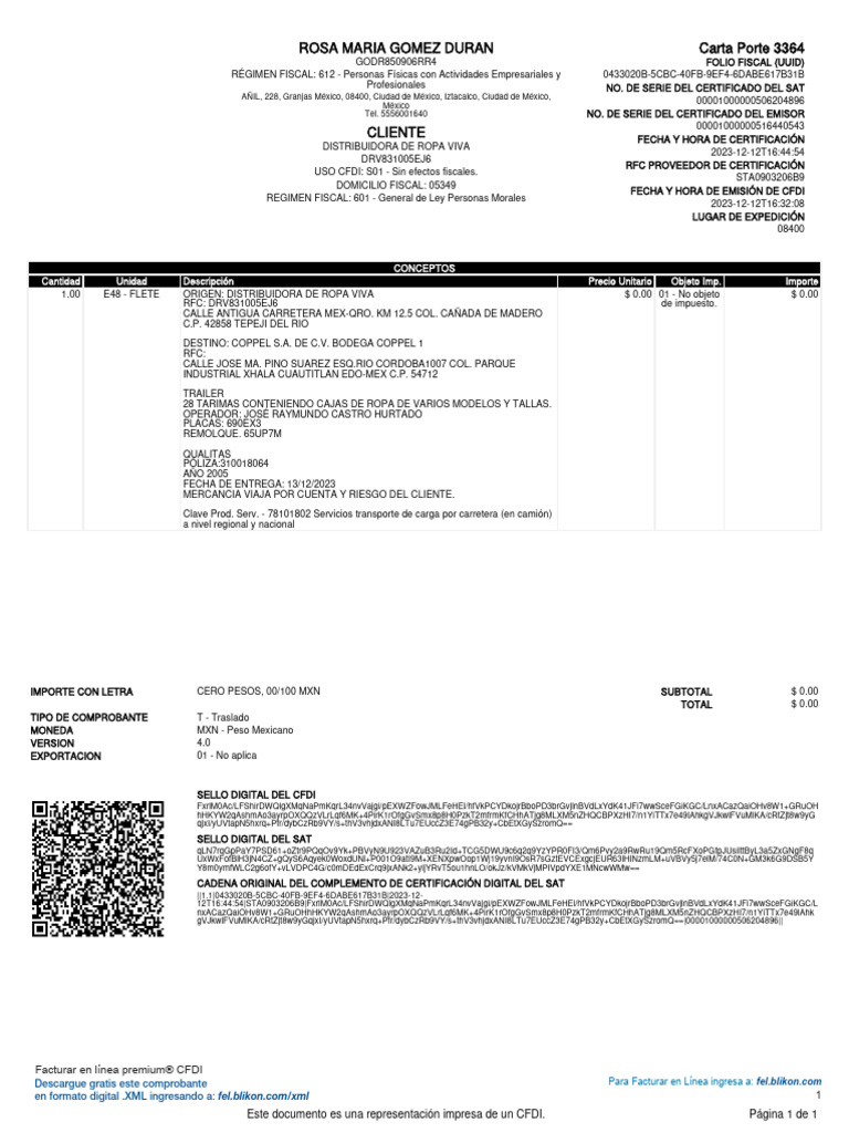 GODR850906RR4 - Carta Porte - 3364 | PDF