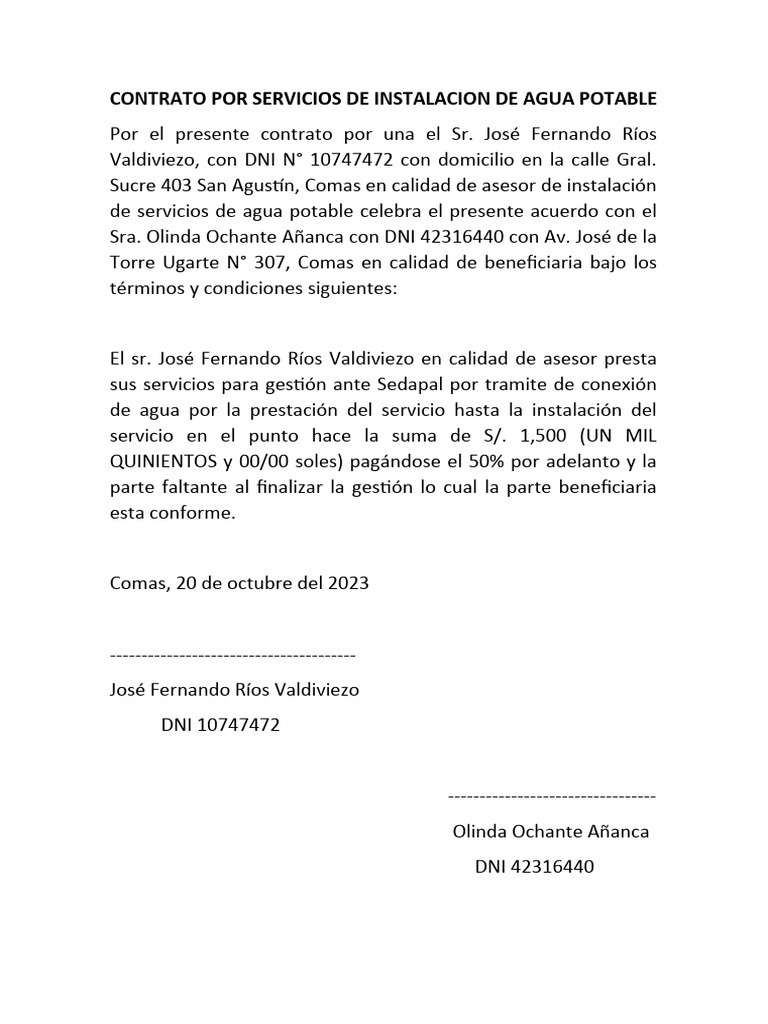CONTRATO POR SERVICIOS DE INSTALACION DE AGUA POTABLE | PDF