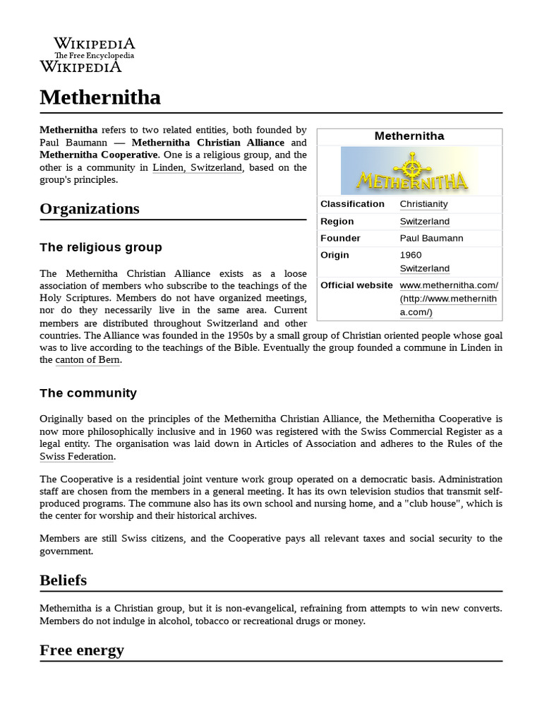 Methernitha: Community and Beliefs | PDF | Christian New Religious ...