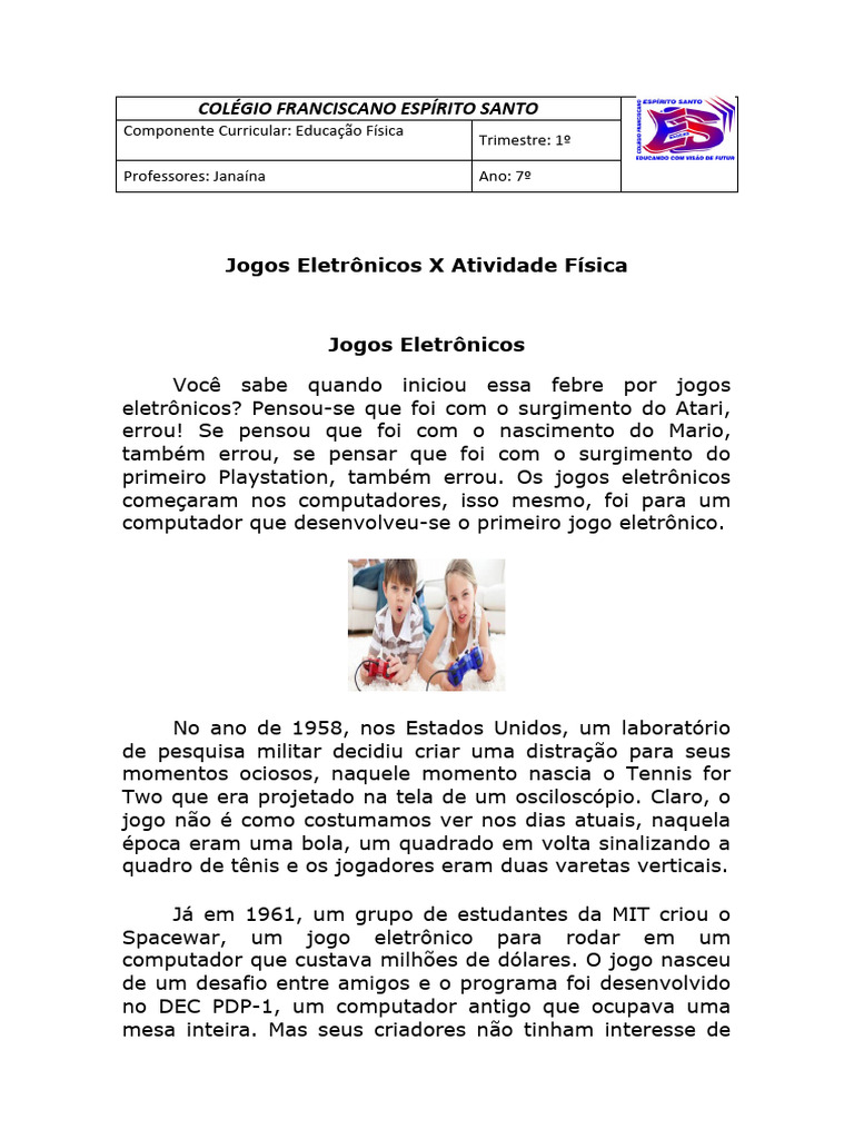 7º Ano - Jogos eletrônicos x atividade física | PDF | Videogames | Física