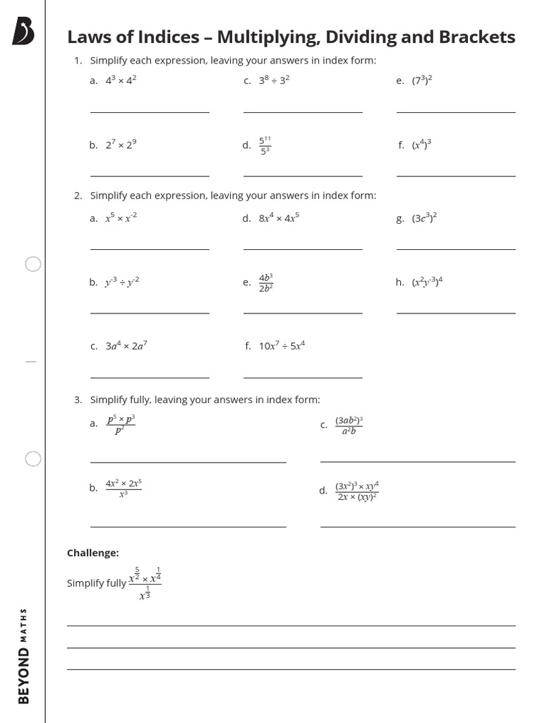 Laws of Indices Multiplying, Dividing and Brackets PDF