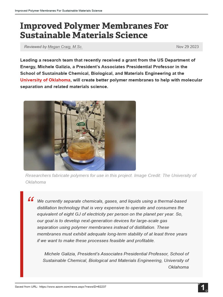Improved Polymer Membranes For Sustainable Materials Science | PDF ...