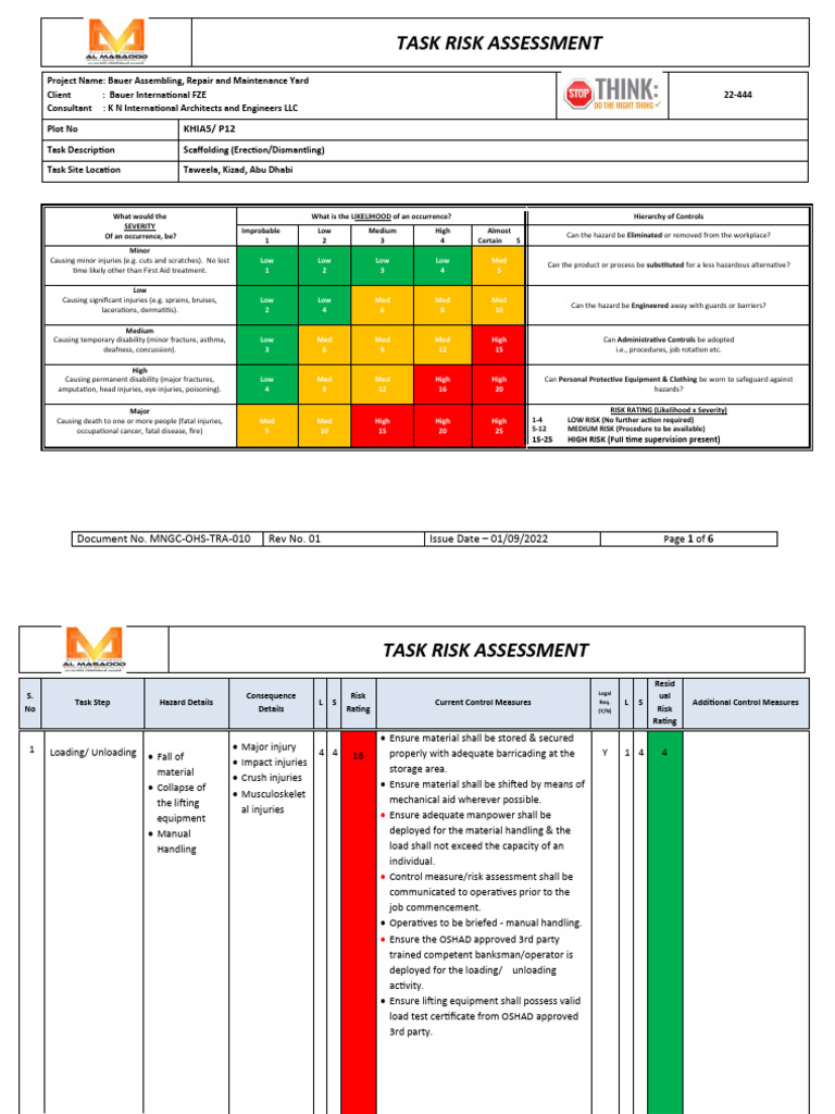 Bauer Yard Task Risk Assessment | PDF | Risk | Scaffolding