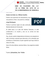 Sesión Solemne en Ocasiones Del 212° Aniversario de La Firma Del Acta de La Declaración de La Independencia de Venezuela