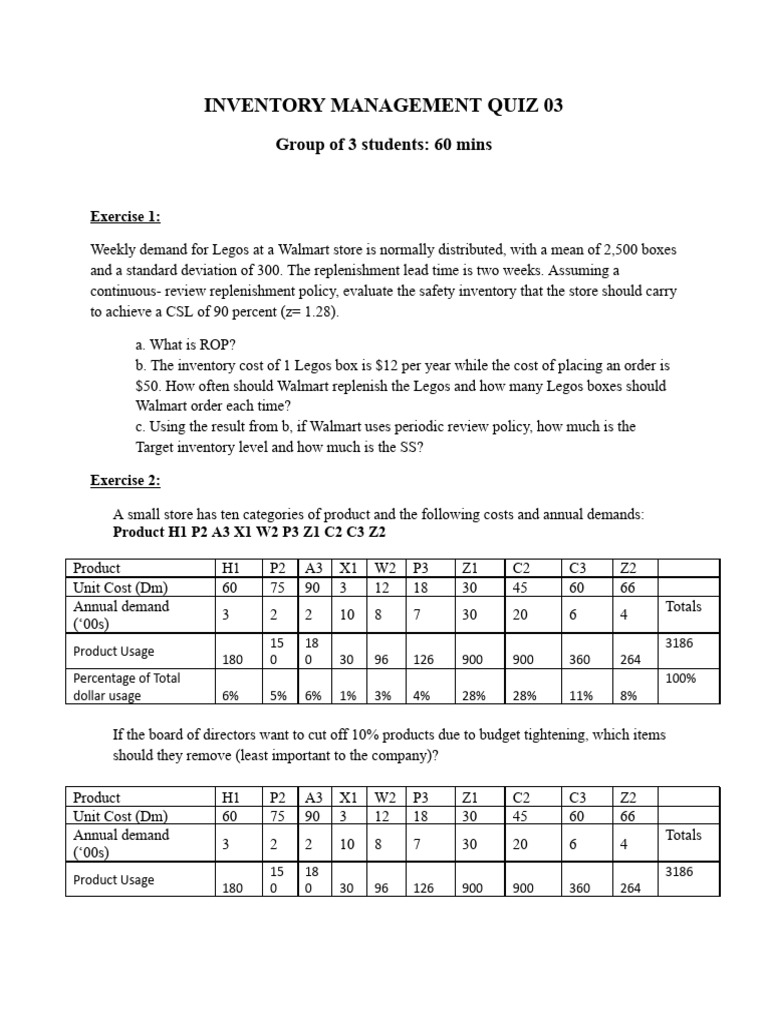 INVENTORY MANAGEMENT Quiz 03 PDF Business