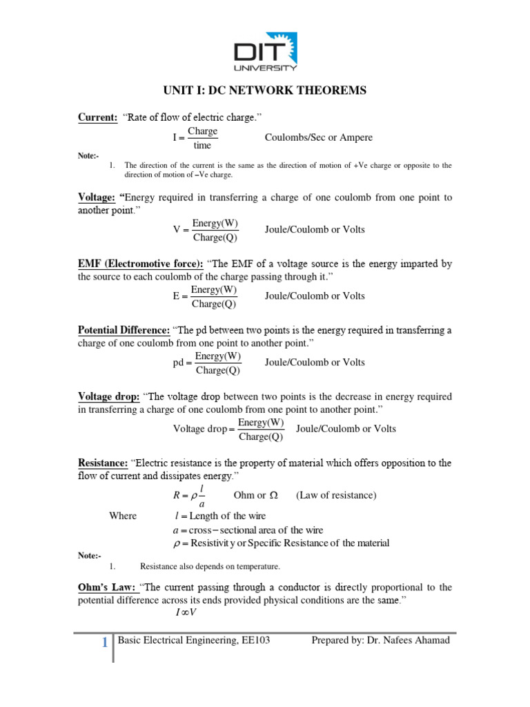 Unit 1 DC Network Theorems PDF Voltage Electrical Resistance And