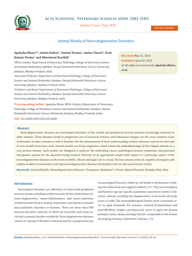 Animal Models of Neurodegenerative Disorders PDF Amyloid Beta