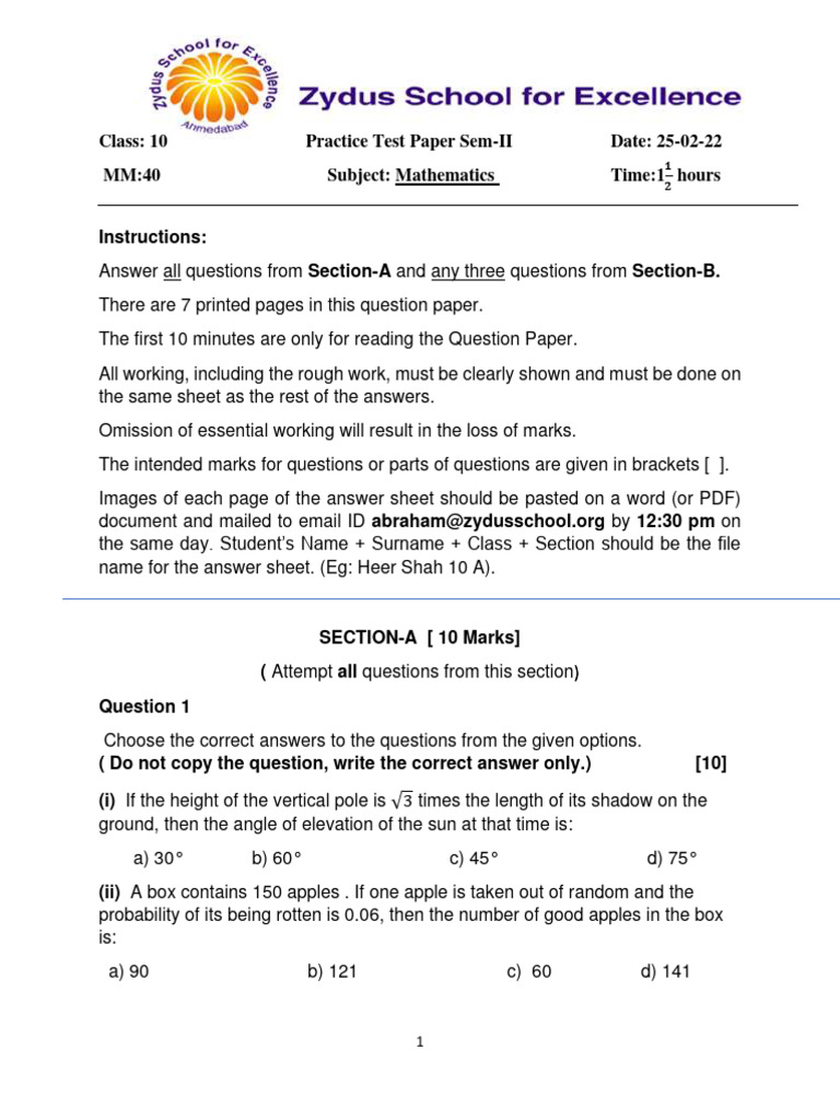 Class 10 Mathematics Practice Test Sem-II | PDF | Circle | Angle