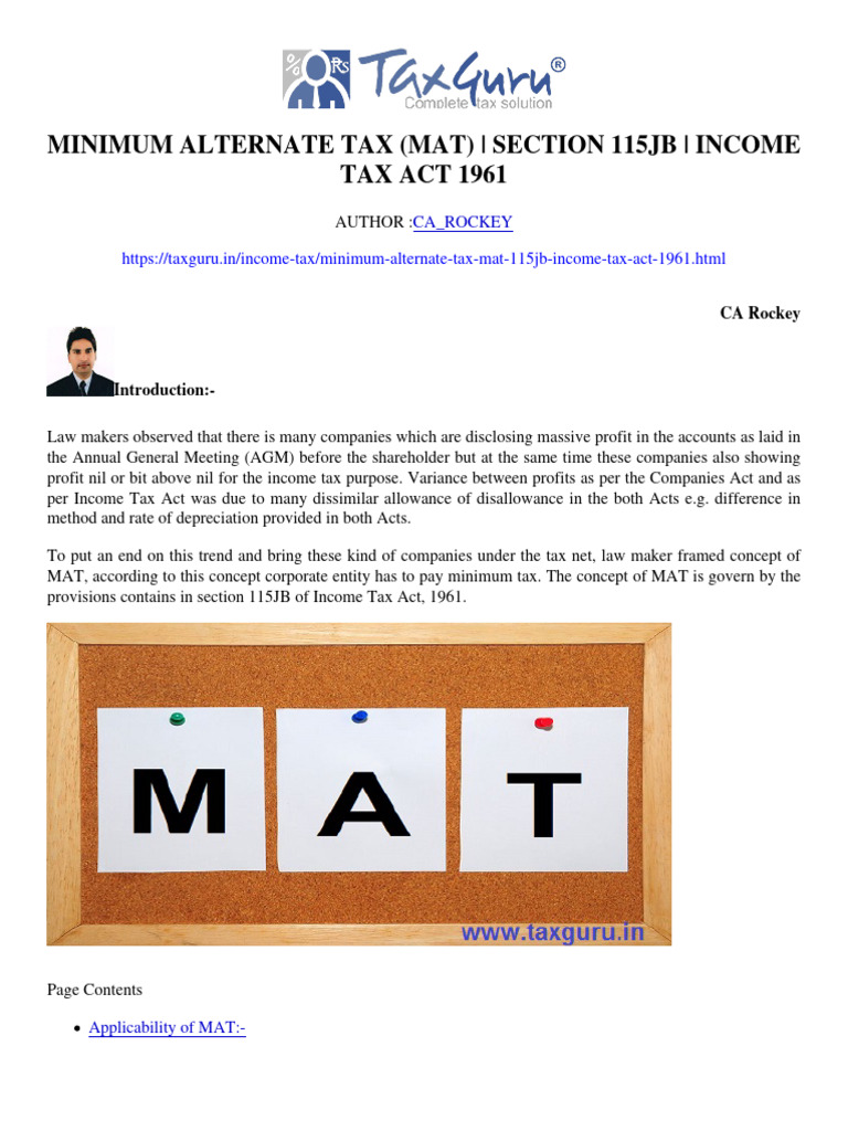 Minimum Alternate Tax (MAT) Section 115JB Tax Act 1961