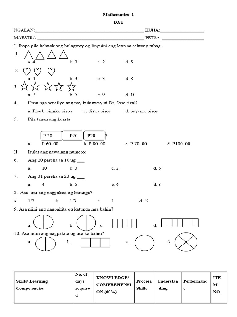 Mathematics1 DAT TQ TOS | PDF