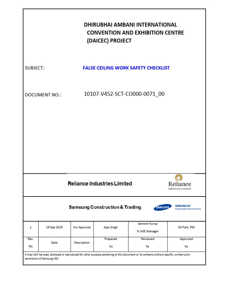 False Ceiling Work Safety Checklist | PDF | Occupational Safety And ...