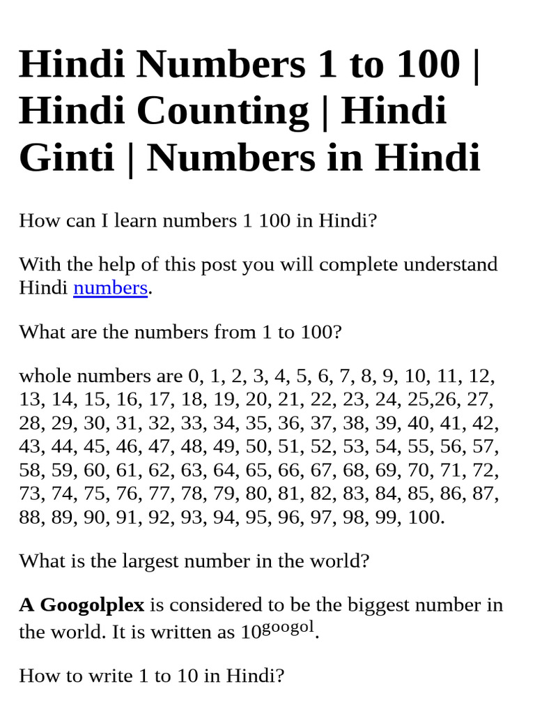 Hindi numbers 1 to 100 hindi counting hindi ginti numbers pdf