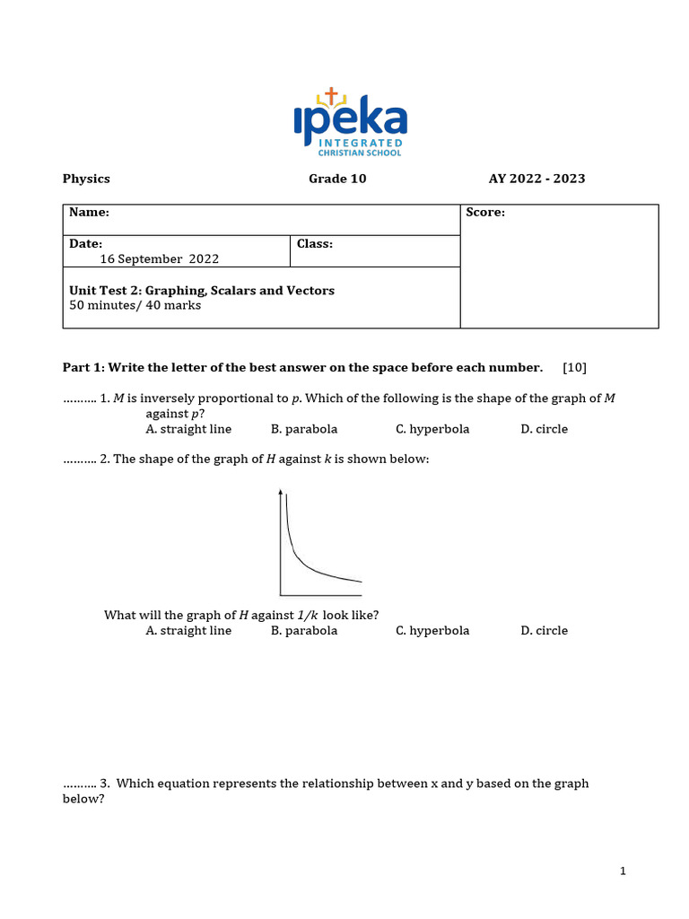 Assessment Unit Test Graphing Scalars and Vectors With Answers PDF Euclidean Vector Physics