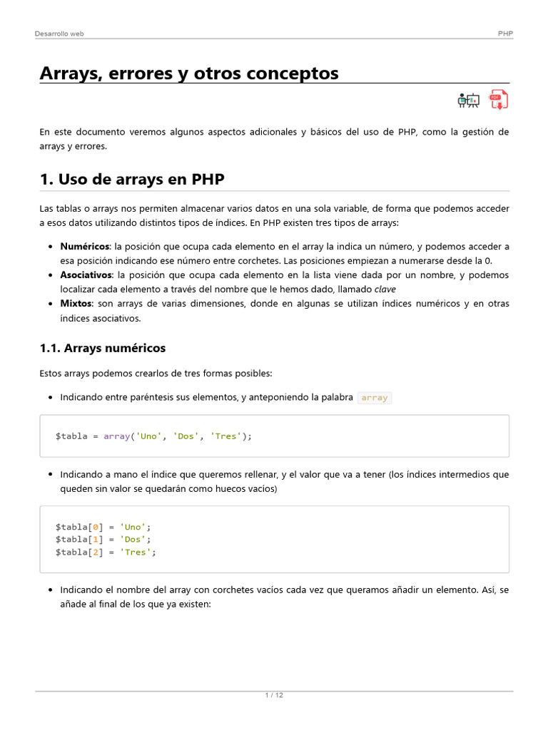 Arrays, Errores y Otros Conceptos: 1. Uso de Arrays en PHP | PDF ...