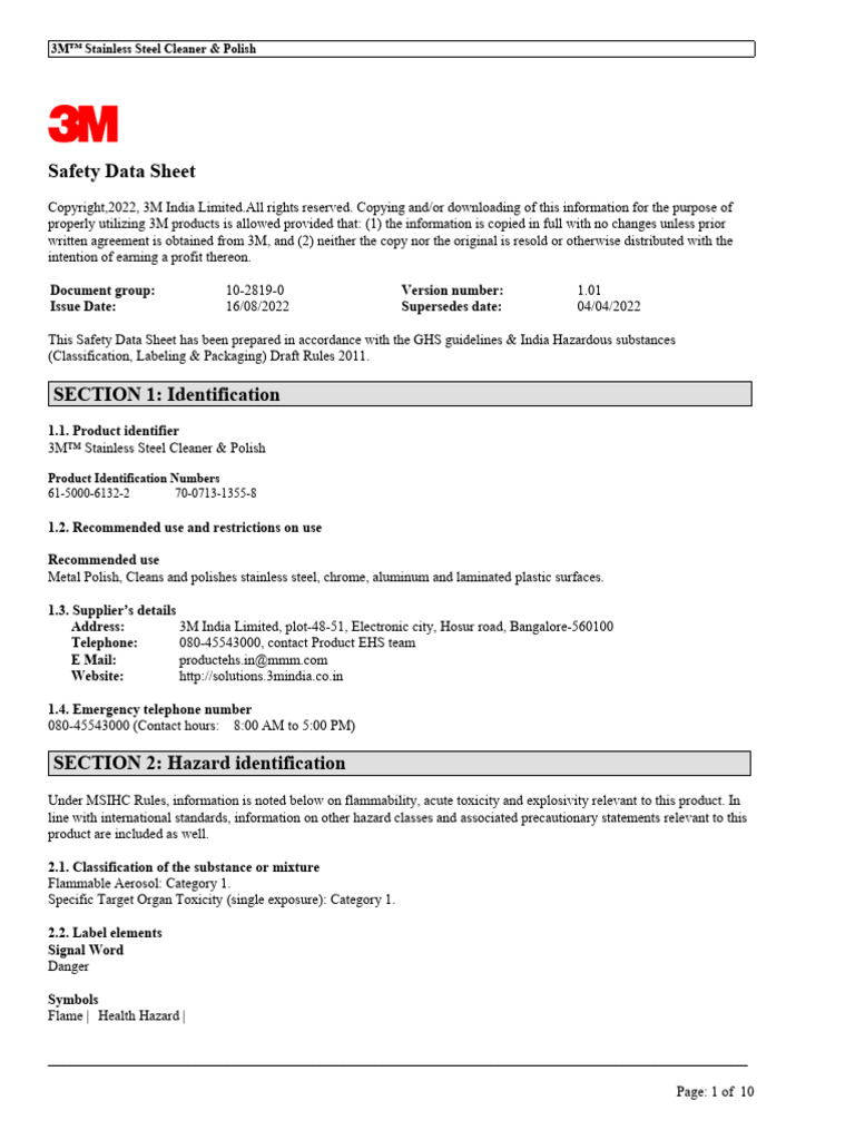 3M Stainless Steel Cleaner & Polish PDF Dangerous Goods Toxicity