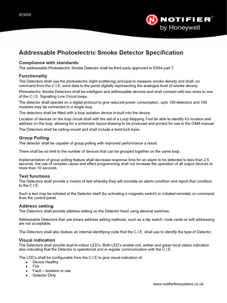 NOTIFIER Addressable Photoelectric Smoke Detector Specification PDF
