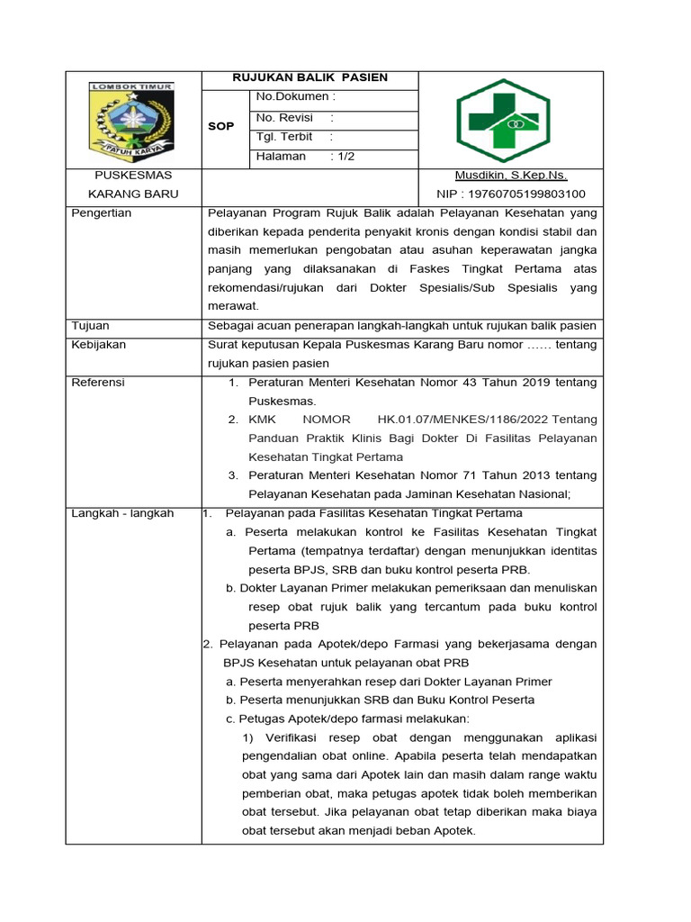 Prosedur Rujuk Balik Pasien Puskesmas | PDF