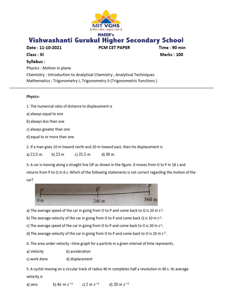 Class 11th pcm cet paper 11 10 2021 pdf acceleration distillation
