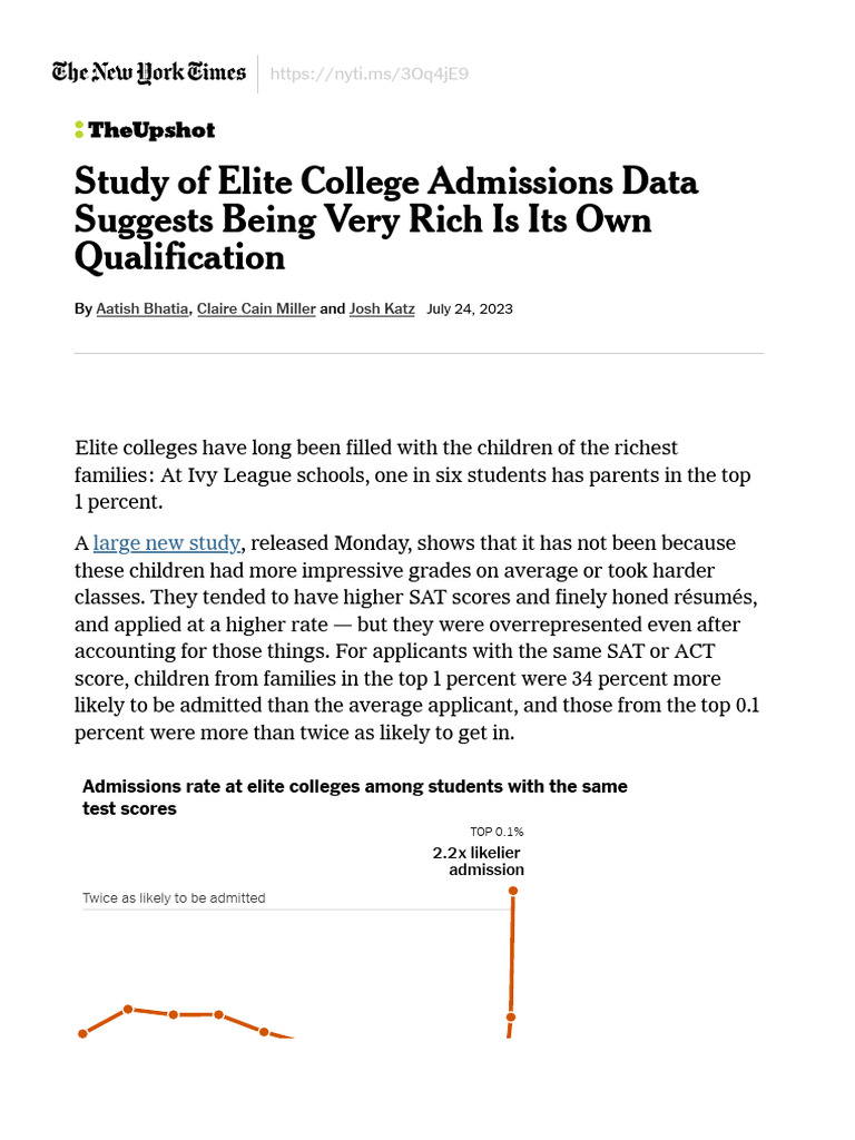 Study Of Elite College Admissions Data Suggests Being Very Rich Is Its