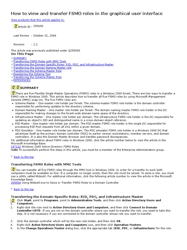 Transfer FSMO Roles in Windows 2000 | PDF | Active Directory ...