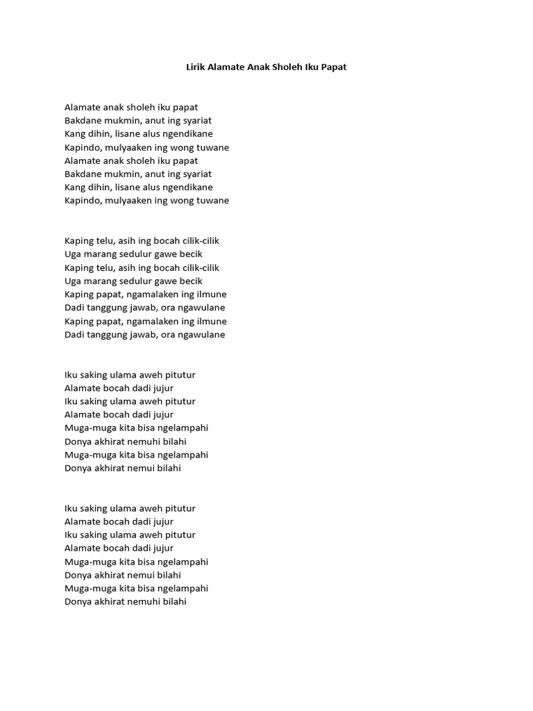 Lirik Alamate Anak Sholeh Iku Papat | PDF