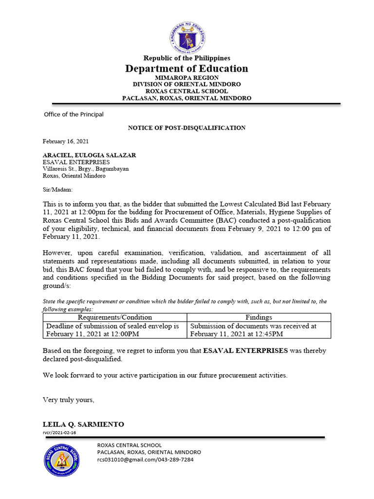 Notice of Post-Disqualification for Bid | PDF | Government