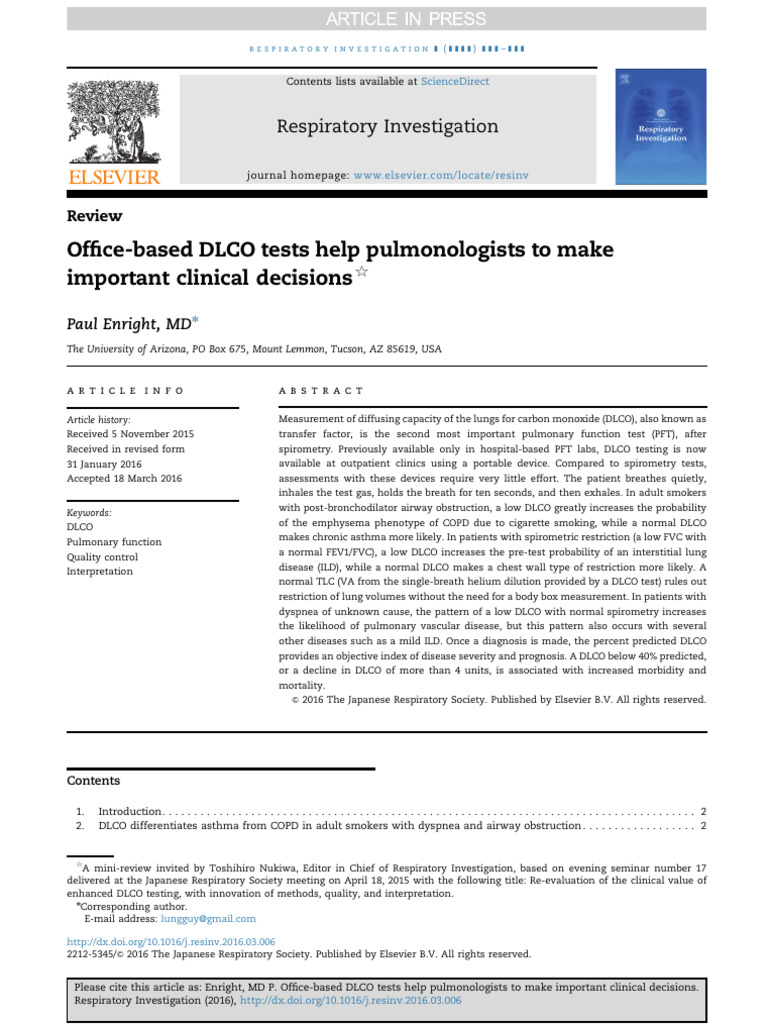 Office Based DLCO Tests Help Pulmonologists To Make Important Clinical ...