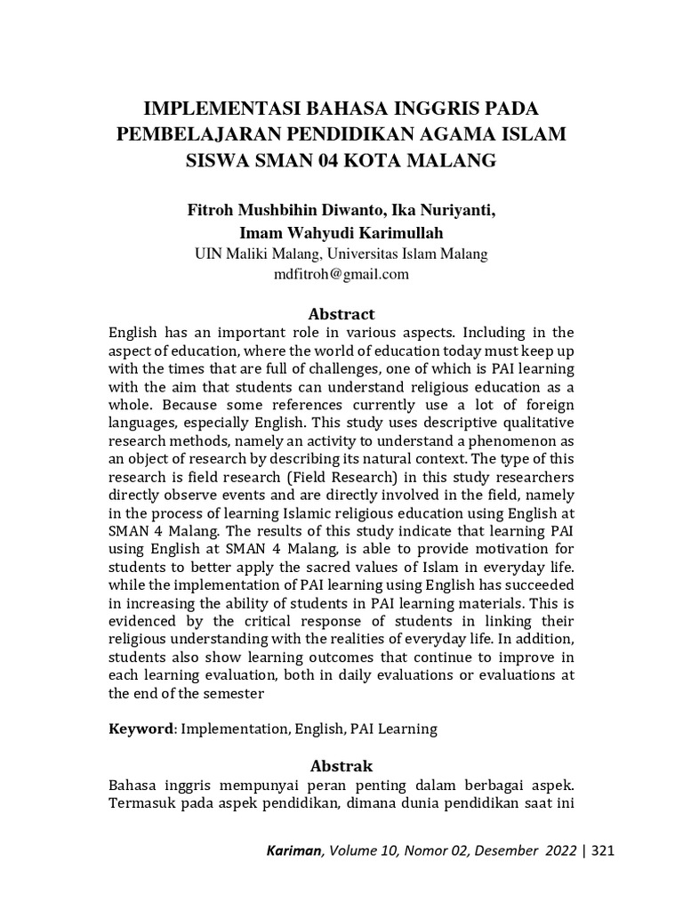 Implementasi Bahasa Inggris Pada Pembelajaran Pendidikan Agama Islam