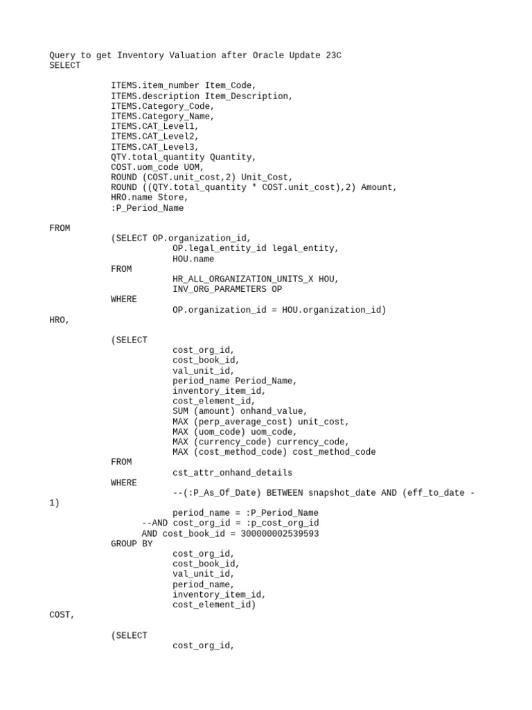 Query to get inventory valuation after oracle update 23c pdf