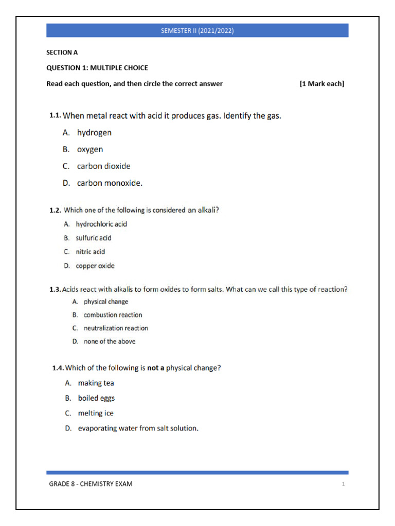 Grade 8 second semester final paper 2 pdf chemical reactions