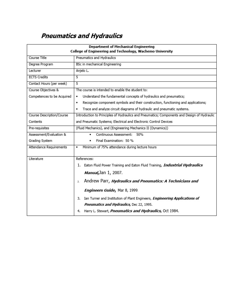 Pneumatics and Hydraulics Course Overview | PDF | Technology & Engineering