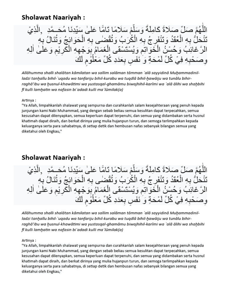 Sholawat Nariyah: Lirik dan Artinya | PDF | Seni & Disiplin Bahasa ...