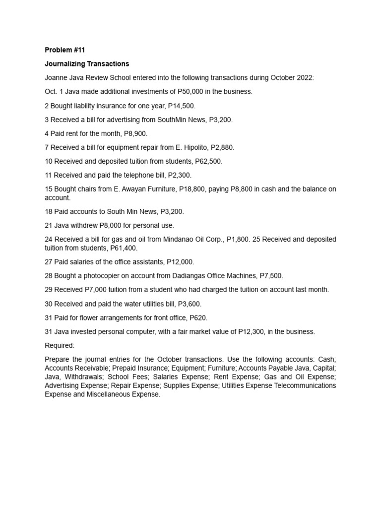 Journalizing October Transactions | PDF | Business | Finance & Money ...