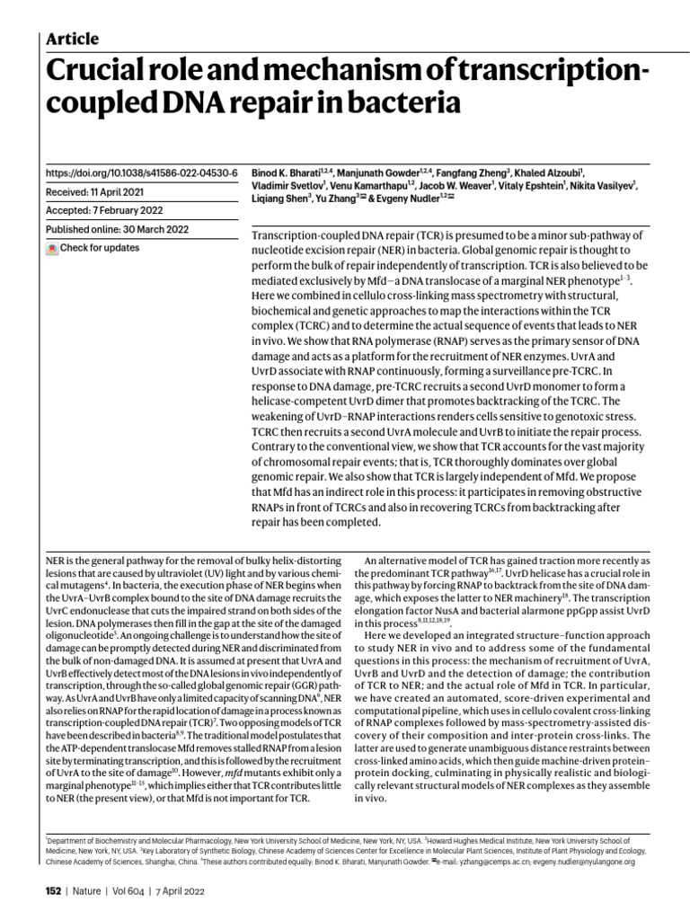 Crucial Role and Mechanism of Transcription-Coupled DNA Repair in ...