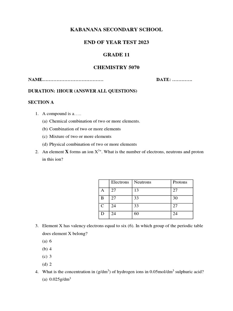 Grade 11 Chemistry Test 2023 | PDF | Chemical Reactions | Acid