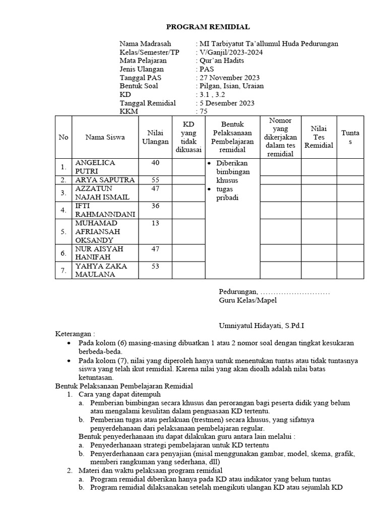 Program Remidial dan Pengayaan MI Tarbiyatut | PDF