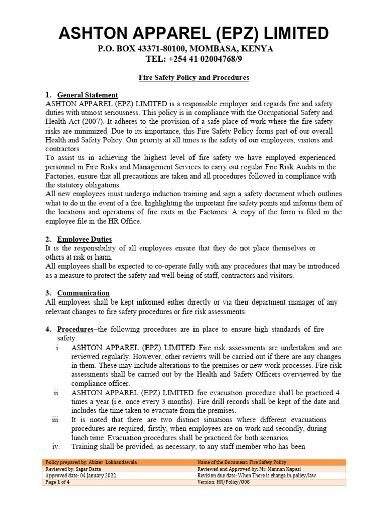 Ashton Apparel Fire Safety Policy | PDF | Fire Safety | Safety