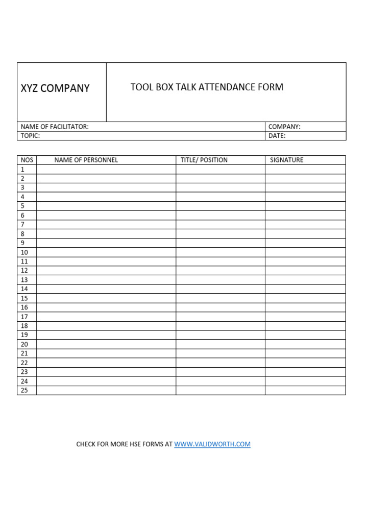 Toolbox Talk Attendance Form | PDF