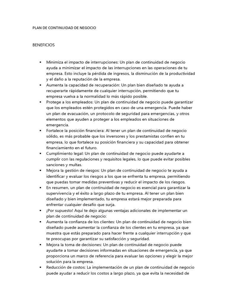 Beneficios del Plan de Continuidad Empresarial | PDF | Business | Toma ...