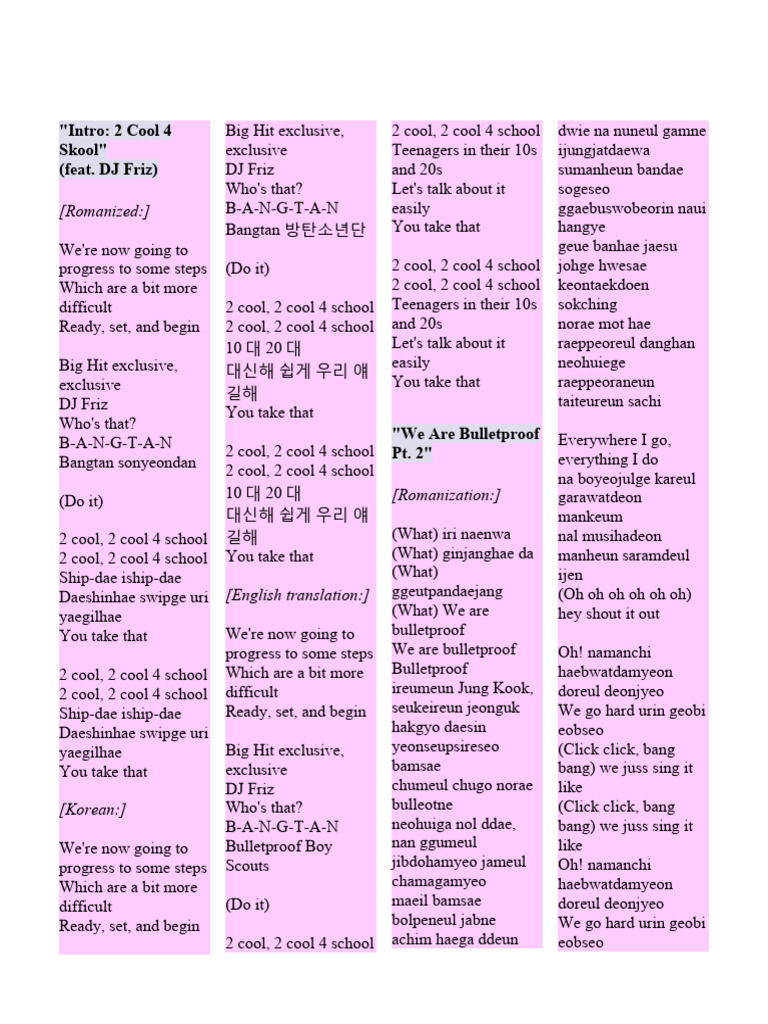 Bts Lyrics Pdf