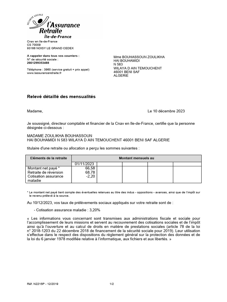 Relevé Mensuel de Retraite de Mme Bouhassoun | PDF | Impôts | Retraite