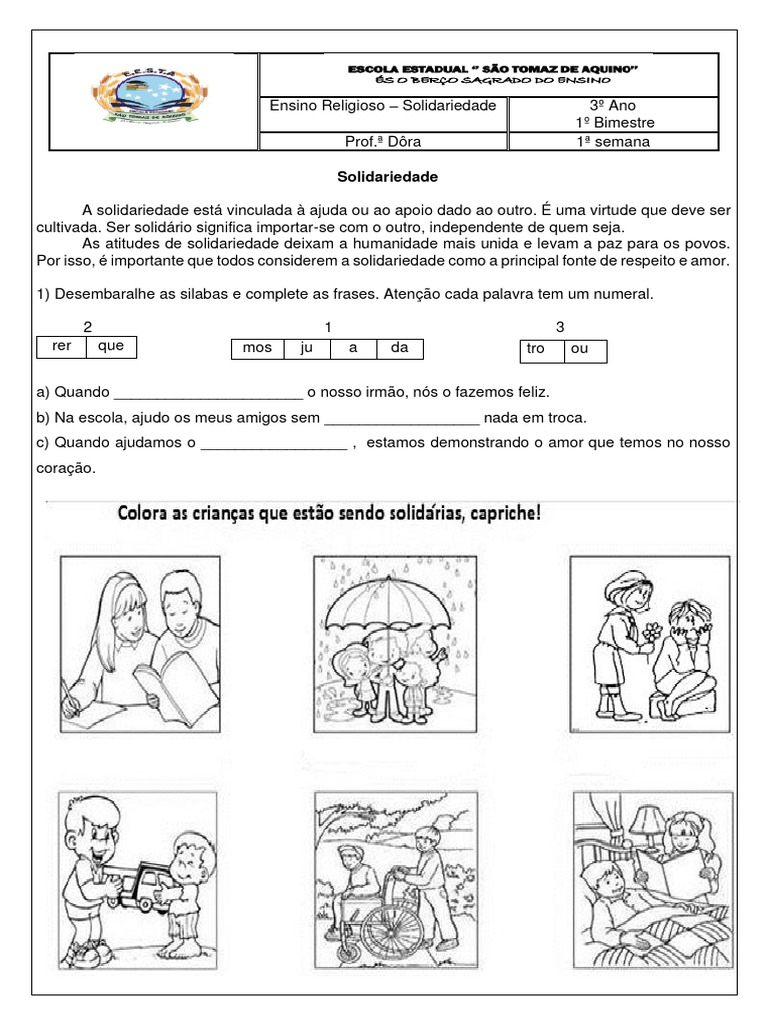 Atividade Ensino Religioso 1 Bimestre - 3º Ano - Dôra | PDF | Liberdade ...