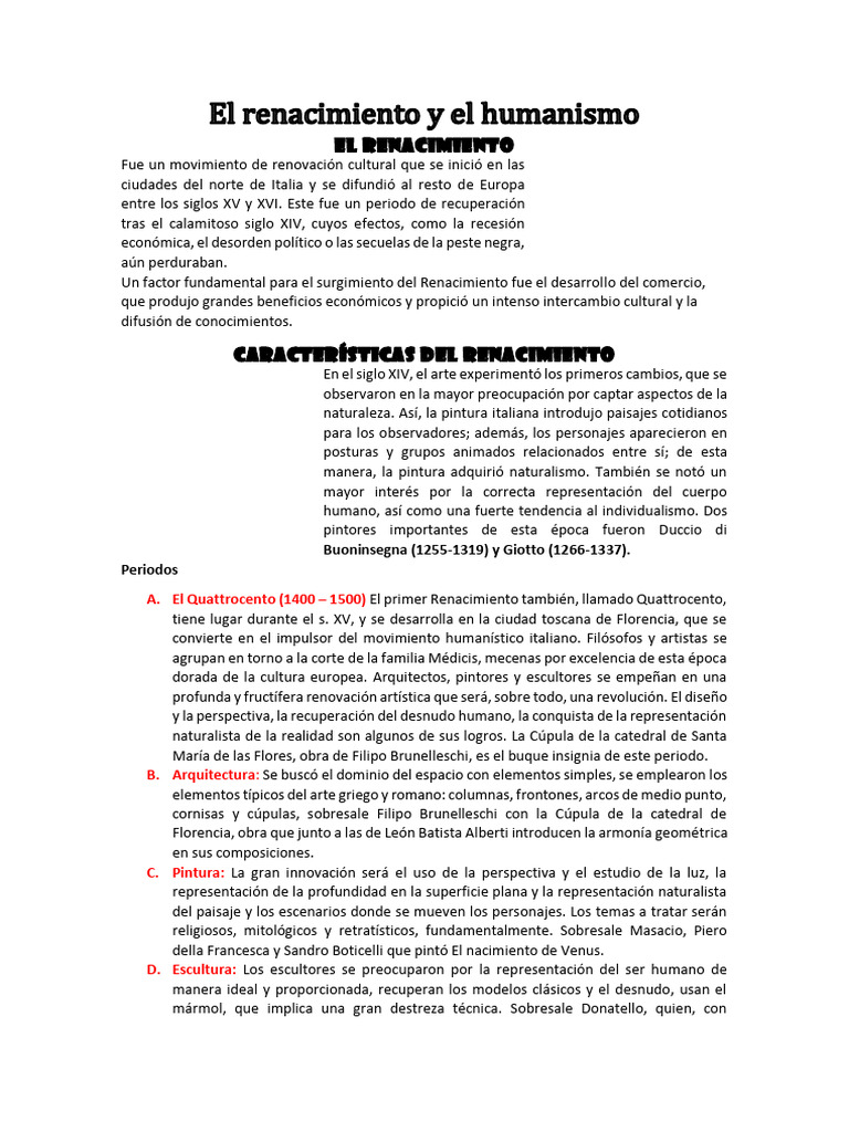 El Humanismo 2DO B,D PDF Renacimiento Miguel Ángel