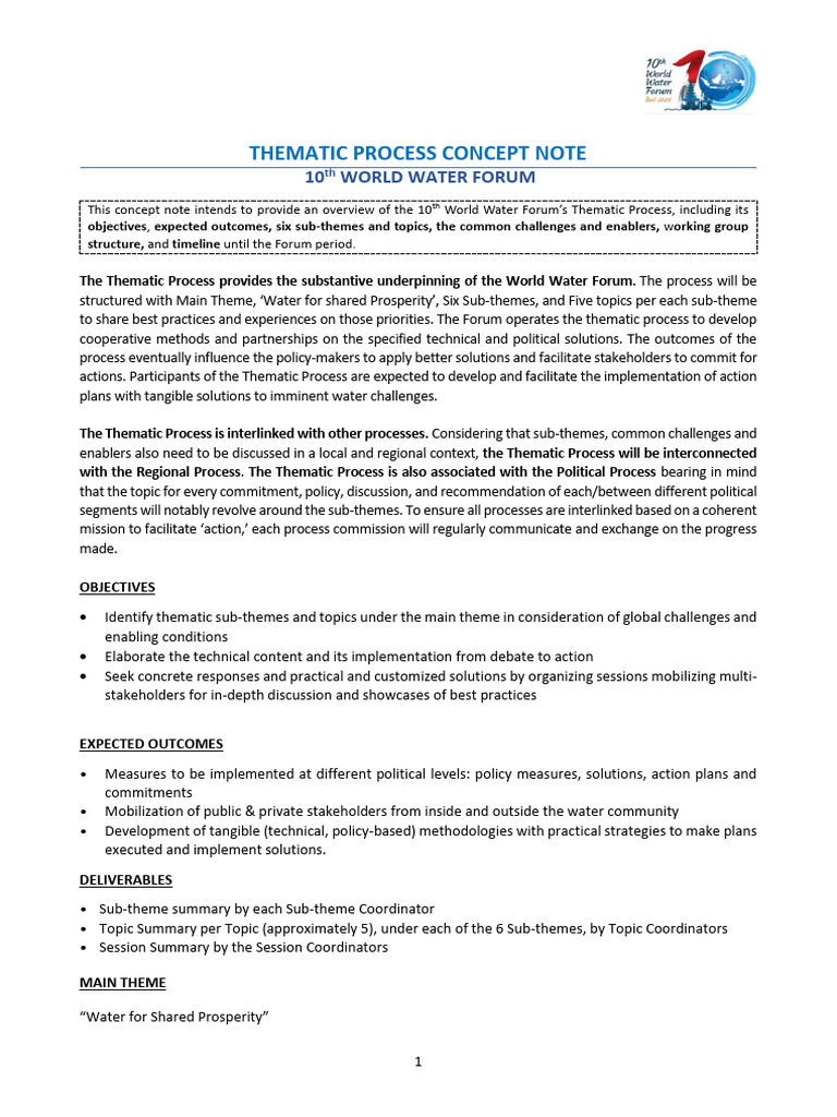 10th World Water Forum: Thematic Process Overview | PDF | Water ...